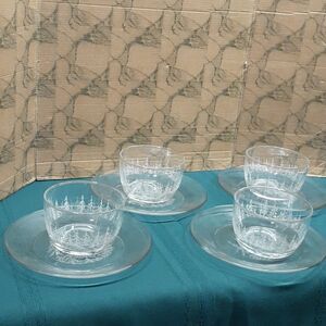 Bundle of 8: 4 Vintage Libbey Etched frosted pine  Bowls & 4 luncheon plates